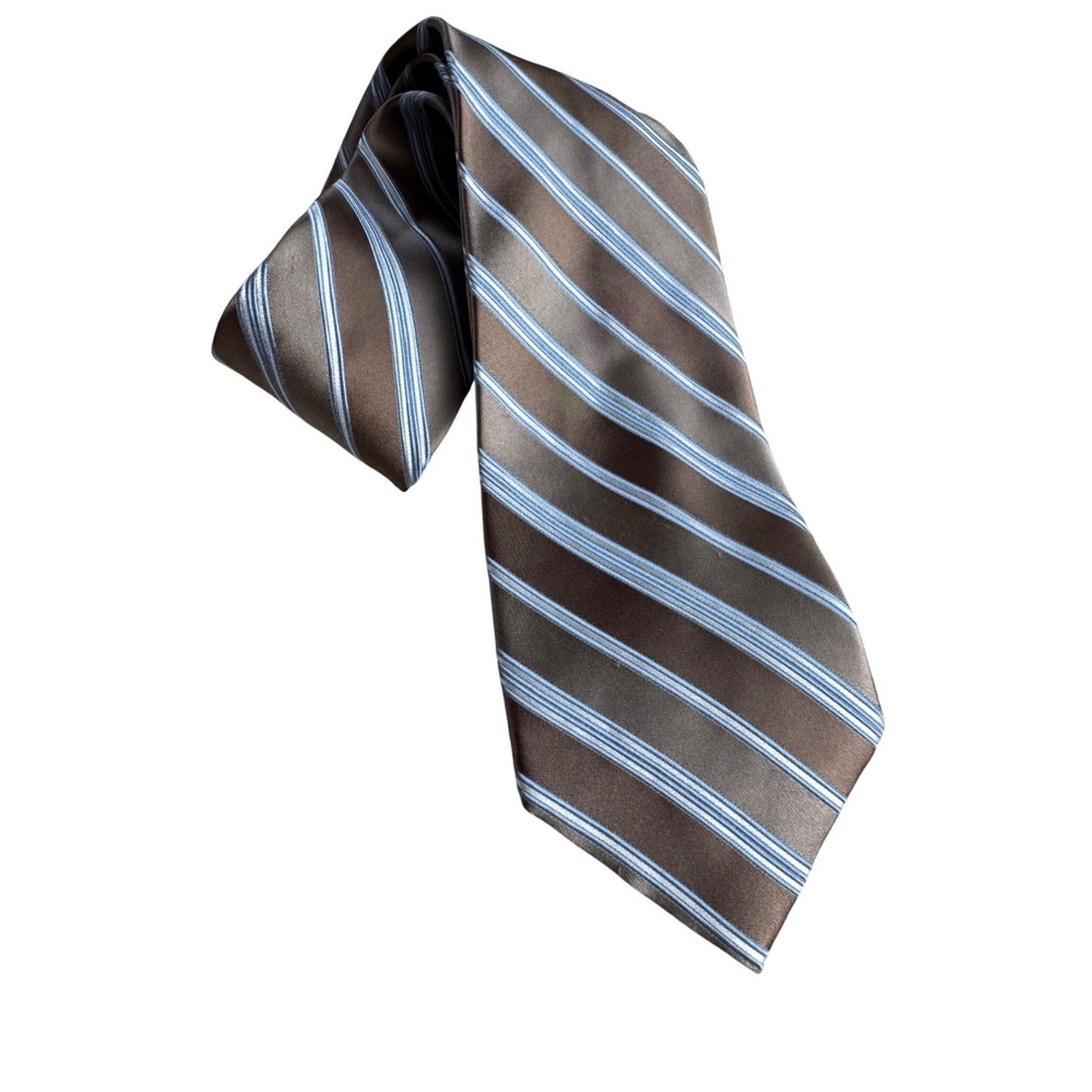 Jones New York Mens Brown Blue Striped Silk Cotton Blend Necktie 3.5 Inch Width